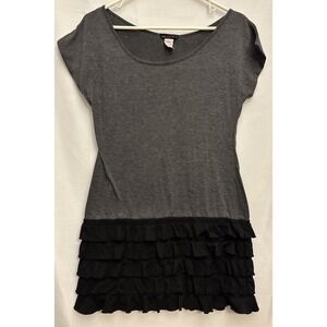 Mini Dress /Tunic Top Grey T-shirt W/ Tiered Black Ruffles Small By One Clothing
